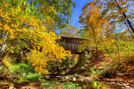 OLD BRIDGE from the FOREST in AUTUMN - splendor, landscape, forest, leaves, autumn nature, seasons, sky, trees, falls, colors of nature, colorful, nature, autumn, yellow autumn, bright colors, enchanting nature, bridge