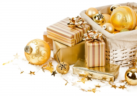 Xmas - balls, box, merry, gifts, decoration, gold, christmas