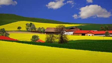 Beautiful Rural Landscape - nature, fields, houses, hills