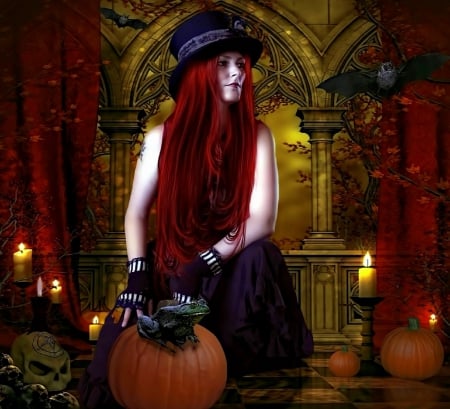 â˜…Halloween Red Witchâ˜… - girls, models, redhead, candles, frog, lovely, fantasy, creative pre-made, witch, love four seasons, weird things people wear, beautiful, colors, skulls