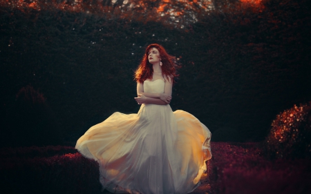 Autumn beauty - woman, beauty, autumn, redhead, girl, model, white, red, dress