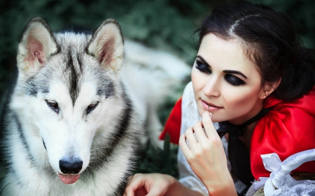 Friendship - woman, husky, model, dog