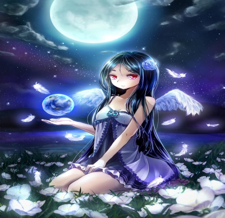 Night Lily - moon, girl, angel, wings, night, long hair, orginal, pretty, lily, flowers