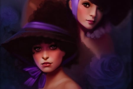 Purple Ribbons - girls, purple, digital, beautiful, girl, faces, art, cg, fantasy, ribbons, woman