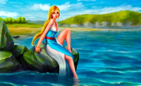 Girl at the Lake - woman, lake, girl, water, wallpaper, fantasy, cg, nature, art, beautiful, digital