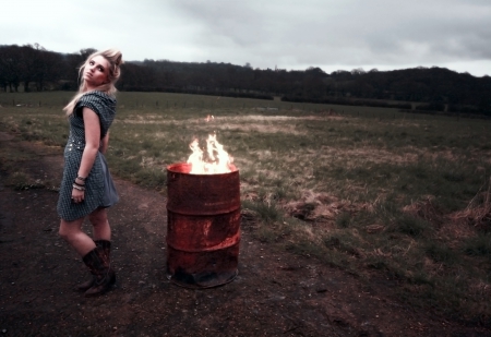 Chill In The Air - boots, field, fire, cowgirl