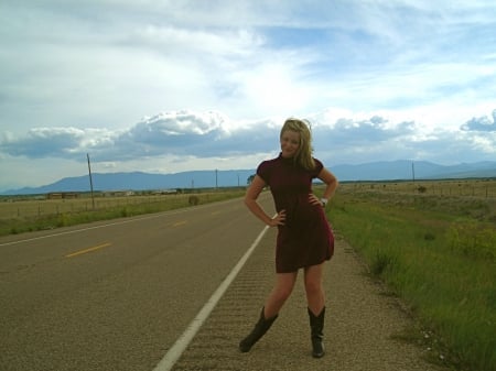 Roadside Cowgirl - cowgirl, road, boots, dress