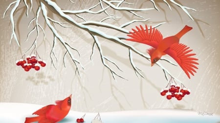 Red Bird and Winter Berries - trees, snow, winter, berries, birds