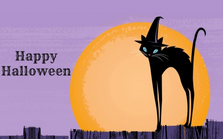 Happy Halloween - moon, black cat, witches hat, fence, hat, cat, halloween, happy halloween, full moon