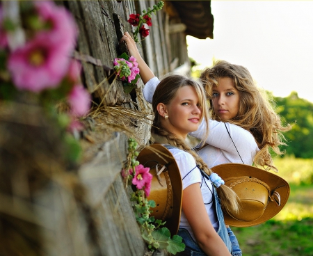 Cute Cowgirls - hats, girl, cowgirl, barn