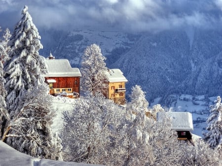 Houses on Snowy Mountain - nature, houses, snow, winter, mountains