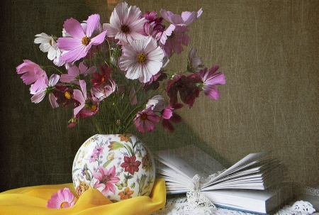 Still Life - flowers, vase, book, still life