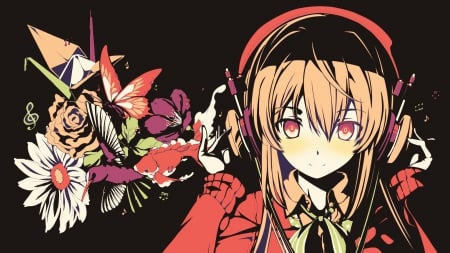 Music - flower, hummingbird, rose, pretty, cute, headphones, anime, abstract, girl, butterfly, fish