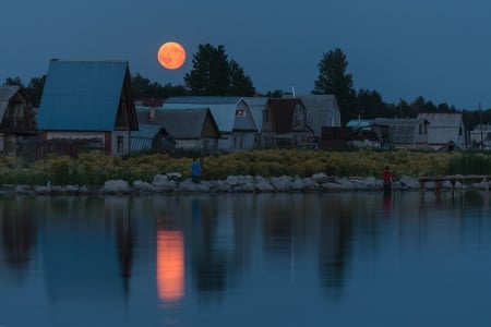 Super Moon - moon, river, super, houses