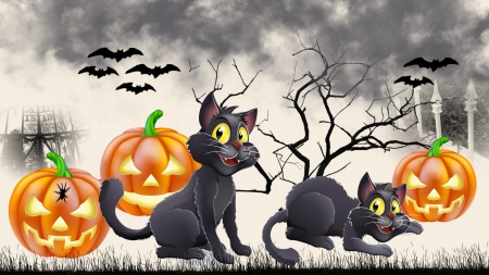 Cats and Jacks - branches, bats, fence, gate, spider, black cats, jack o lanterns, pumpkins, halloween, clouds, cats, tree