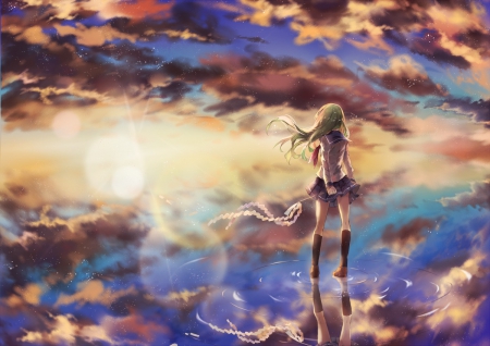 Beyong the Horizon - nice, sky, female, magic, standing, kochiya sanae, anime girl, fantasy, touhou, cloud, reflection, sunray, anime, scene, loneliness, scenic, girl, light, long hair, horozon, lovely, stand, alone, lonely, scenery, sweet, ray, green hair