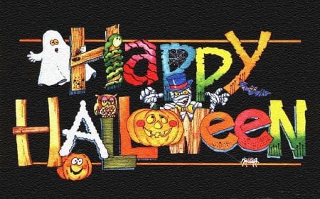 Happy Halloween - black, ghost, color on black, halloween, greeting, pumpkin, art