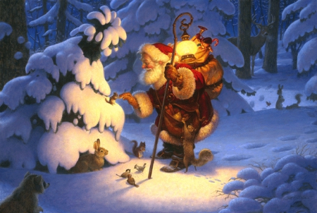 Woodland Santa - santa, nuts, forest, snow, animals