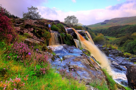 WATERFALLS with FLOWERS - sky, landscape, waterfalls, mountains, rocks, nature, forest, clouds, splendor, enchanting nature, lovely flowers