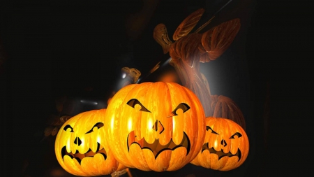 Halloween Pumpkins - artwork, face, night, pumpkin, light, scary