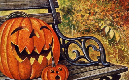 Joyful Halloween - artwork, bench, face, night, pumpkin, light, scary