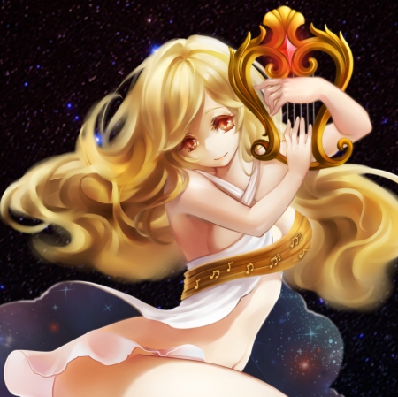 Gold Harp - anime, divine, female, amazing, blonde, great, blond hair, long hair, sublime, harp, splendid, gorgeous, blond, anime girl, realistic, beautiful, hot, girl, blonde hair, beauty, sweet, fantasy, awesome, angelic, sexy, good