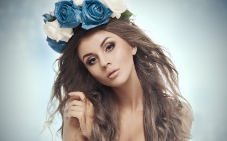 Beauty - flower, make-up, rose, beauty, model, girl, blue, white, woman