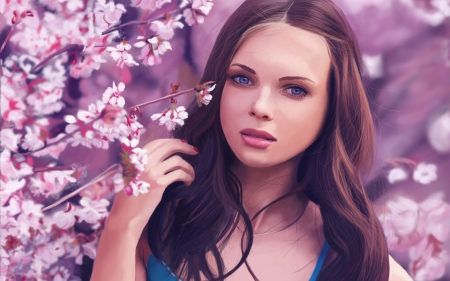 Beauty - flower, pink, spring, sakura, girl, blue, art, poster, woman