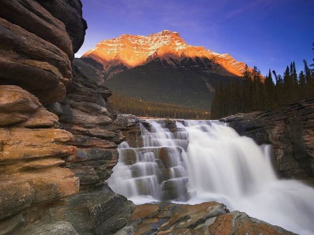 Sunset over waterfall - nature, sunset, waterfall, national park