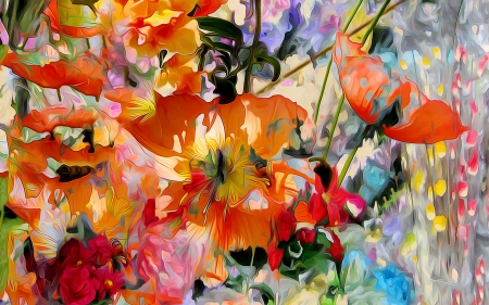 Flowers - red, flower, poster, orange, painting, blue, art