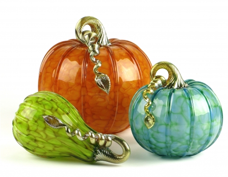 Pumpkins - decoration, blue, pumpkin, orange, white, green, halloween, figurine, glass