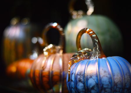 Pumpkins - decoration, blue, green, figurine, halloween, orange, pumpkin, glass