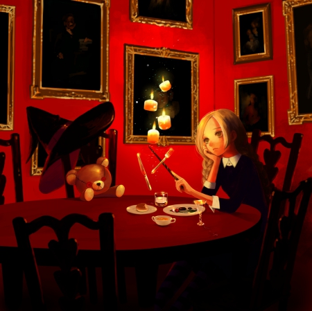 Halloween Magic - female, magic, wand, anime girl, fantasy, happy halloween, halloween, pointy hat, glowing, dark, table, anime, food, frame, candle, girl, light, magical, cg, hd, glow, picture, witch, chair, wall, red, plate, float