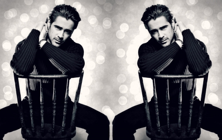 Colin Farrell - bokeh, black, white, chair, man, blue, actor, by cehenot, colin farrell