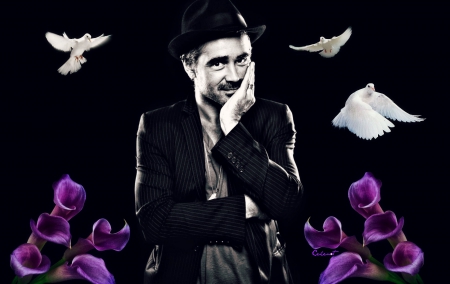 Colin Farrell - dove, callas, wings, black, bird, white, flying, purple, man, actor, by cehenot, colin farrell, flower