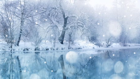 Reflections of Winter - winter, christmas, woods, forest, river, blue, snow, holiday, snowing, pond