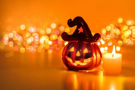 Jack-O-Lantern - hat, jack o lantern, candle, Halloween, witches hat, pumpkin, still life