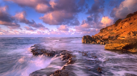 waves splashing against the shore - color, clouds, beautiful, waves