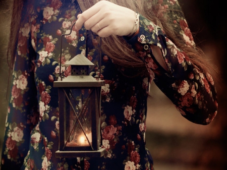 All That Glitters Is Gold - autumn, holding, candle, lantern, girl, light