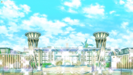 Shining Gate - anime, scenery, landscape, scene, school, entrance, nisekoi, shining, hd, sky, house, gate, sparkle, scenic, cg, glowing, bright, sparkler, cloud, building