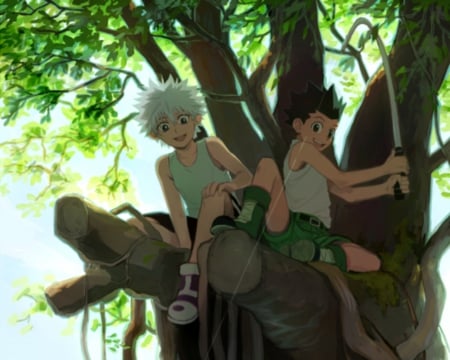 Fishing - anime, kawaii, female, scenery, killua, fishing, scene, guy, pair, green hair, gon freecss, happy, rod, boy, male, short hair, hunter x hunter, zoldyck, gon, silver hair, killua zoldyck, spiku hair, tree, pant, shirt, nature, green, cute, adorable, partner