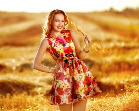 Golden Girl - field, woman, dress, model