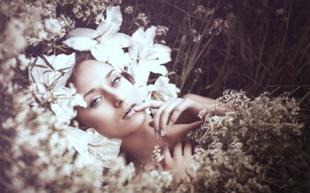 Beauty - flowers, face, lying, woman