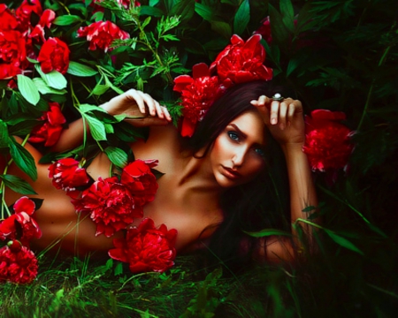 Lovely Girl with Red Flowers - flowers, red, woman, model