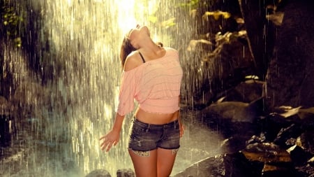 brunette in the falls - waterfall, tree, brunette, woman