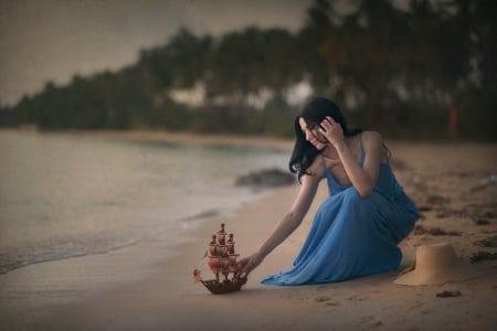 Little Goodbye - blue, beach, woman, ship, model, dress