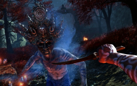 Far cry4 - far cry 4, red, forest, shaman, mask, game, battle, fight, blue, fantasy, jungle