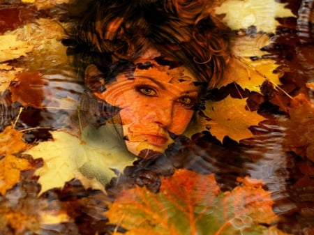 Deep inside me...there is a fall season... - fall, water, season, woman, autumn, face, brunette, leaves