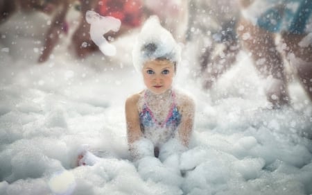 Foam party - white, party, child, funny, cute, foam, girl, blue