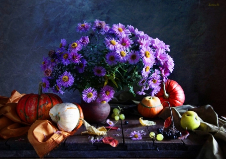 Autumn  still life - chrysanthemums, flowers, abstract, purple, pumpkins, autumn, still life, other